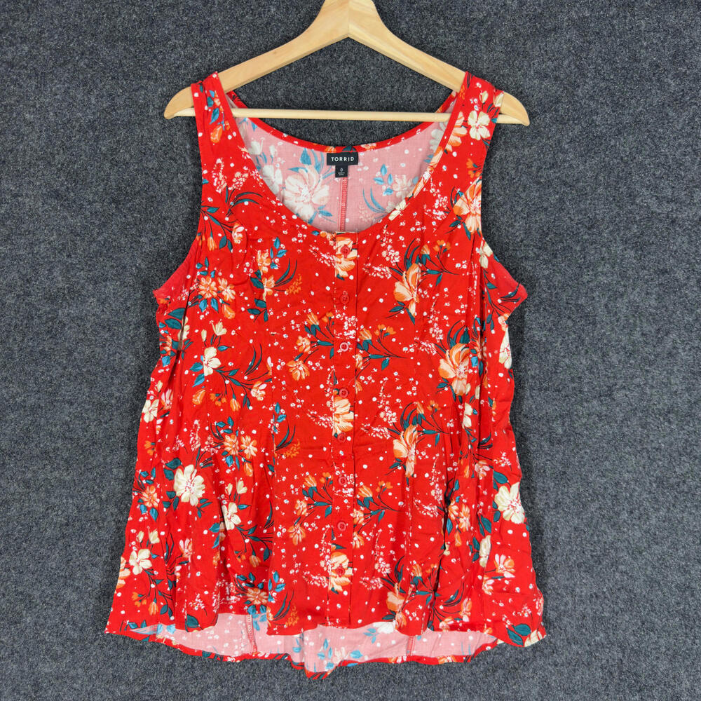 Torrid Top Women 0 Red Floral Sleeveless Wide Strap Round Neck Rayon Casual